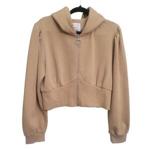 Reflex Women's Beige Cropped Zip Up Hoodie Puff Sleeve "Life is Out‎ There"